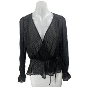 Aqua Black Long Sleeve Mesh Sheer Polka Dots Peplum Wrap Blouse Top Size S